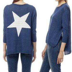 360 Sweater 100% Linen Lightweight Woven Star 3/4 Sleeve Blue White Star M NWT